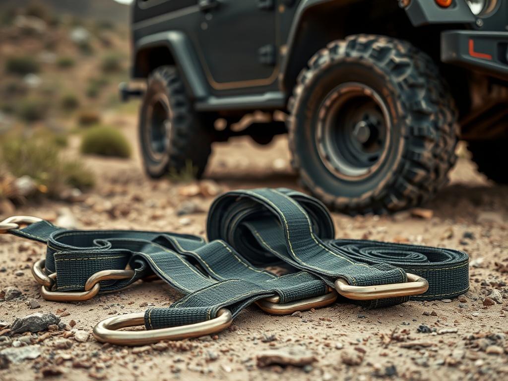 A realistic high resolution of heavy duty recovery straps laid