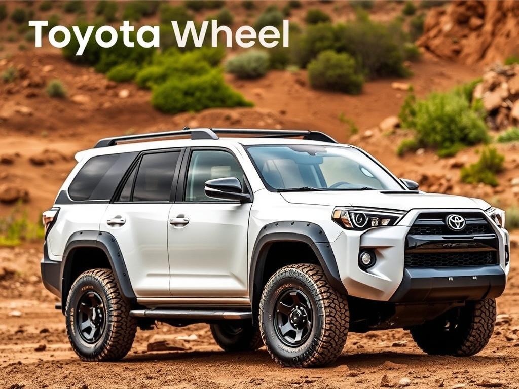 A realistic high-resolution photo of Toyota Wheel Arches designed for the Toyota Revo 2016+. The image should showcase the wheel arches installed on a rugged Toyota Revo parked in an off-road setting, surrounded by earthy tones and natural textures. The focus should be on the wheel arches, highlighting their design and construction. The background should be a blurred natural landscape with dirt and greenery, emphasizing the adventurous spirit of off-roading.