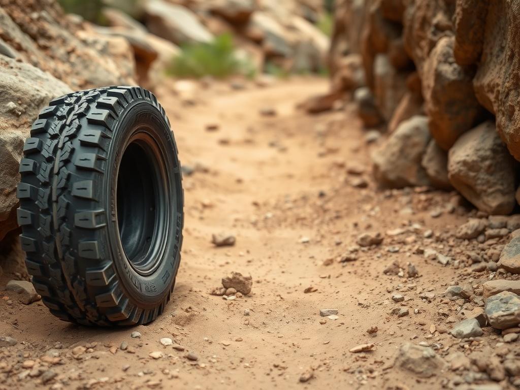 A high-resolution image of an all-terrain tire, showcasing its rugged tread pattern, placed against a backdrop of a rocky off-road trail. The tire should be prominently displayed in the center of the image, with natural earthy tones in the background, reflecting an adventurous off-road environment.