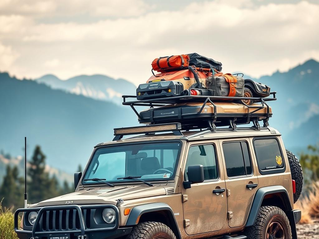 A high-resolution image of a heavy-duty roof rack mounted on a 4x4 vehicle, set against a scenic backdrop of mountains and trees. The roof rack should be loaded with camping gear and equipment, emphasizing its capacity and practicality for outdoor adventures.