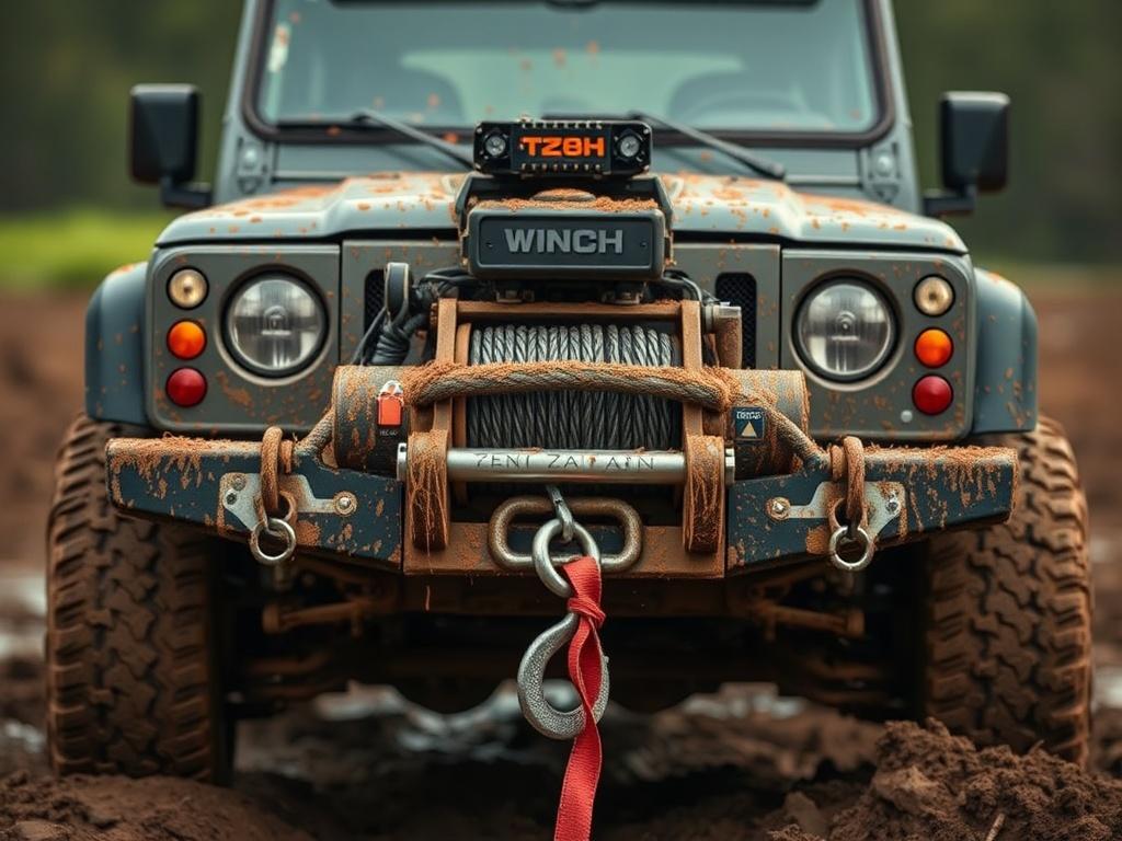 A high-resolution image of a winch kit displayed on the front of a rugged 4x4 vehicle, positioned in a muddy terrain. The winch should be prominently featured, showcasing its robust structure, with mud splatters on the vehicle to highlight its off-road capabilities.
