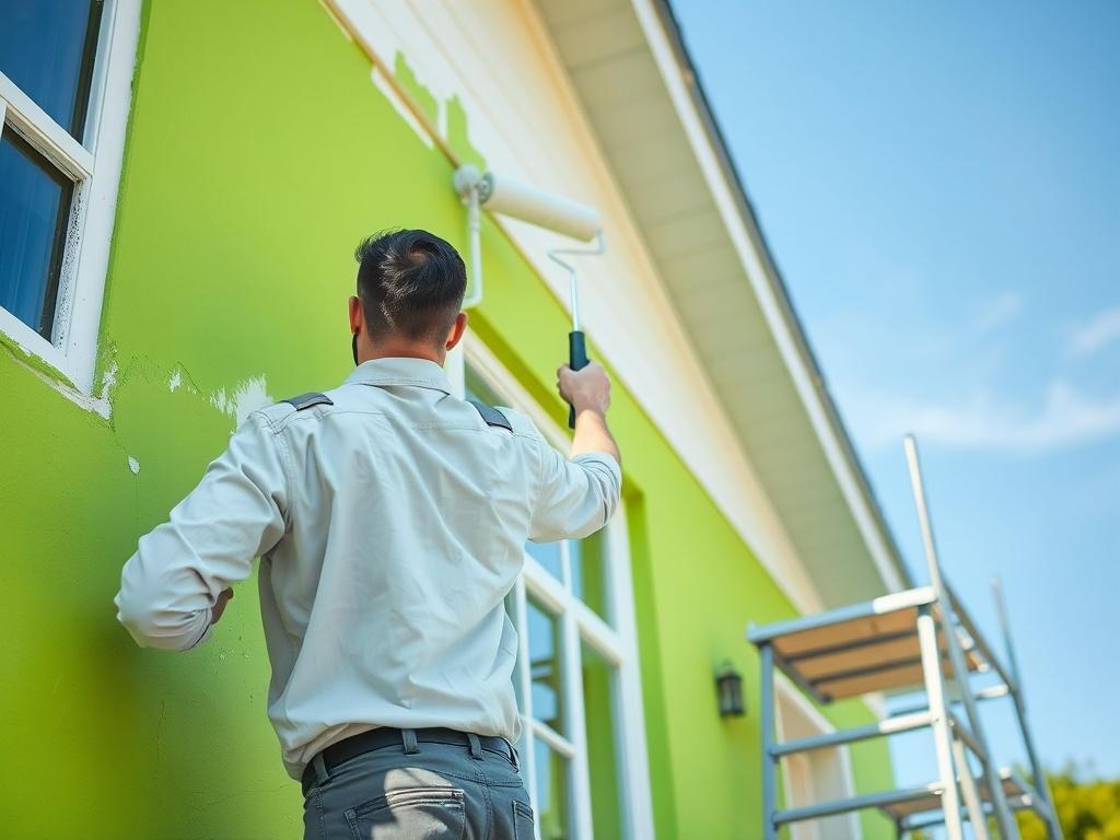 A professional painter working on the exterior of a house,