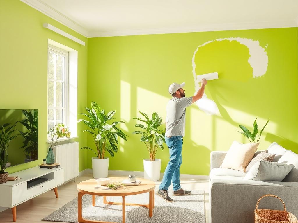 A professional painter applying fresh paint to a living room