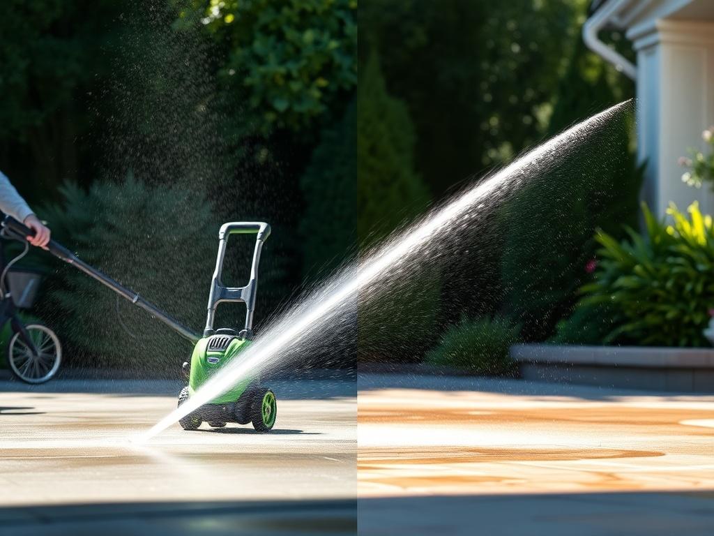 A power washer in action, spraying water on a driveway