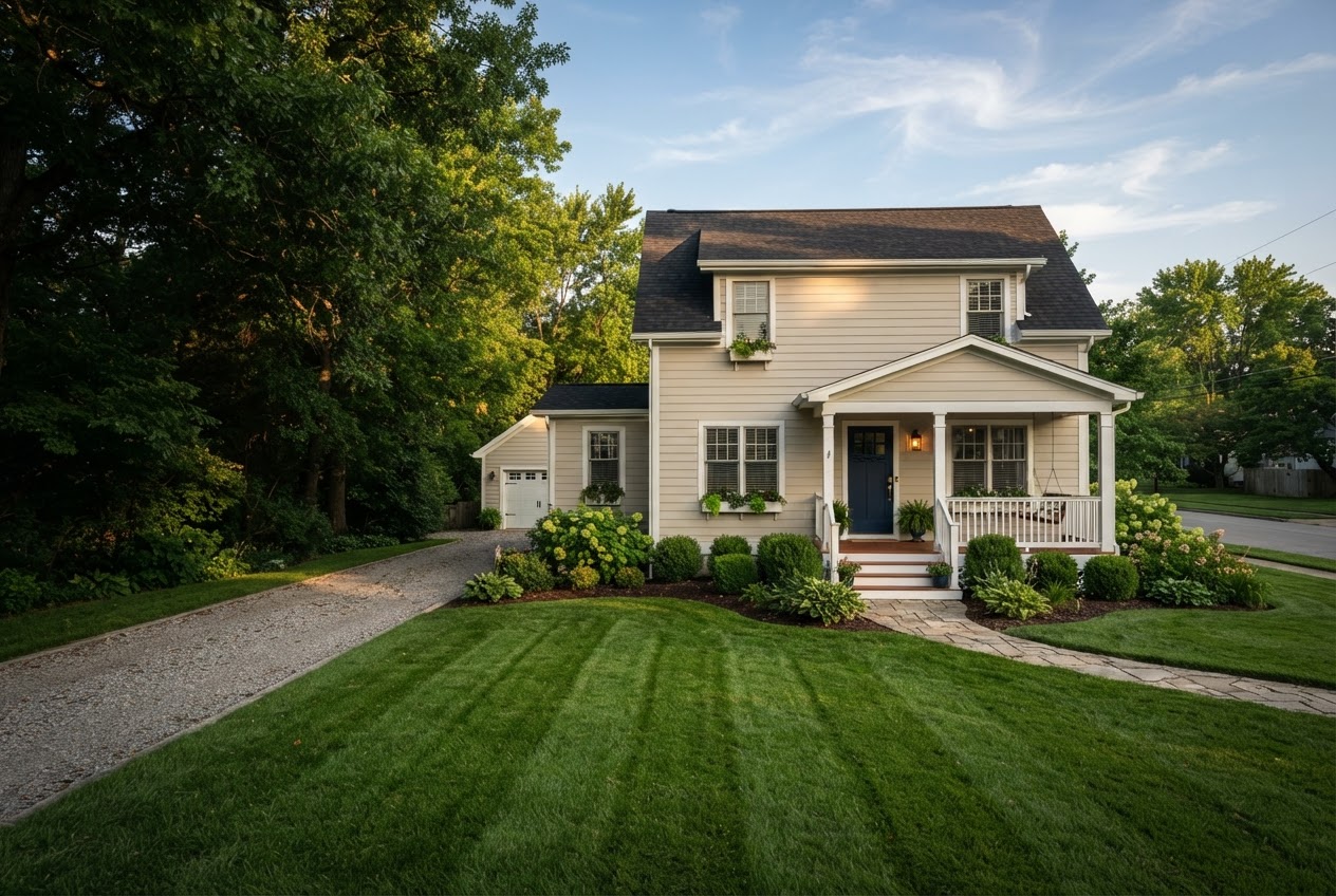 Well-maintained home with freshly cut lawn and trimmed landscaping