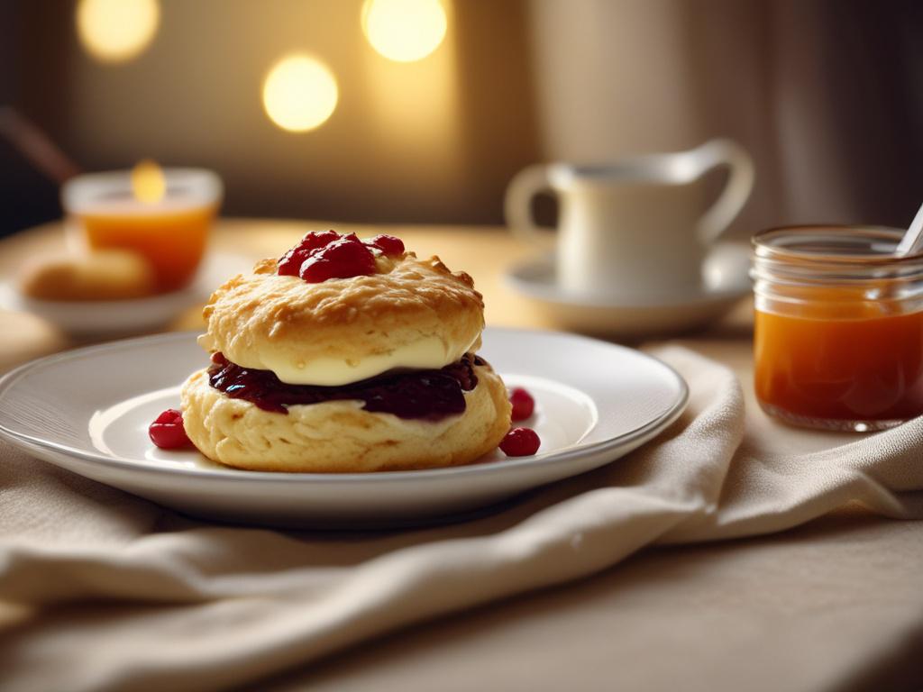 a single fluffy scone with clotted cream and jam, elegantly
