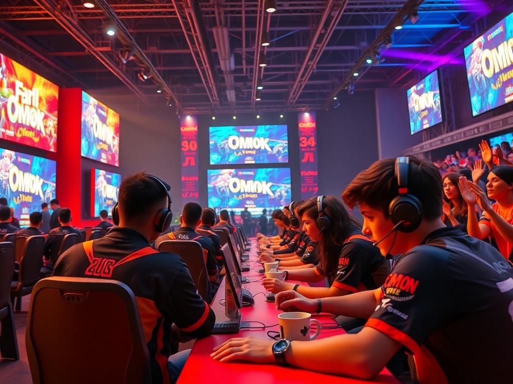 A vibrant and engaging scene depicting an esports tournament setting,