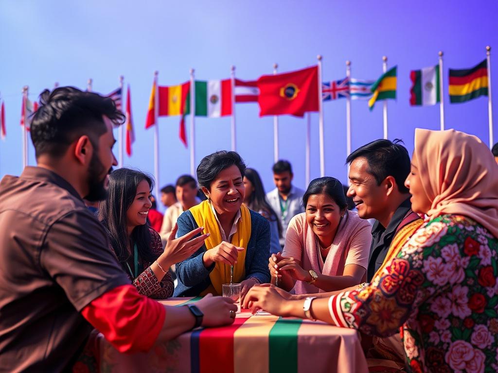 A vibrant cultural exchange event showcasing participants from different cultures