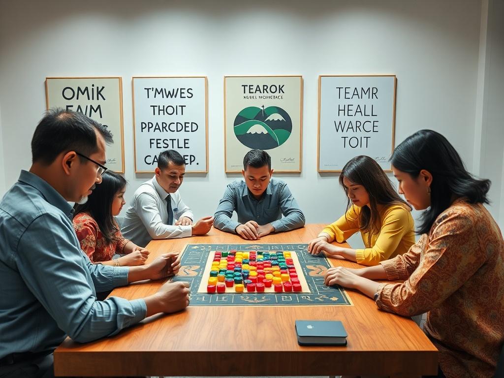 A professional workshop setting with a group of diverse participants