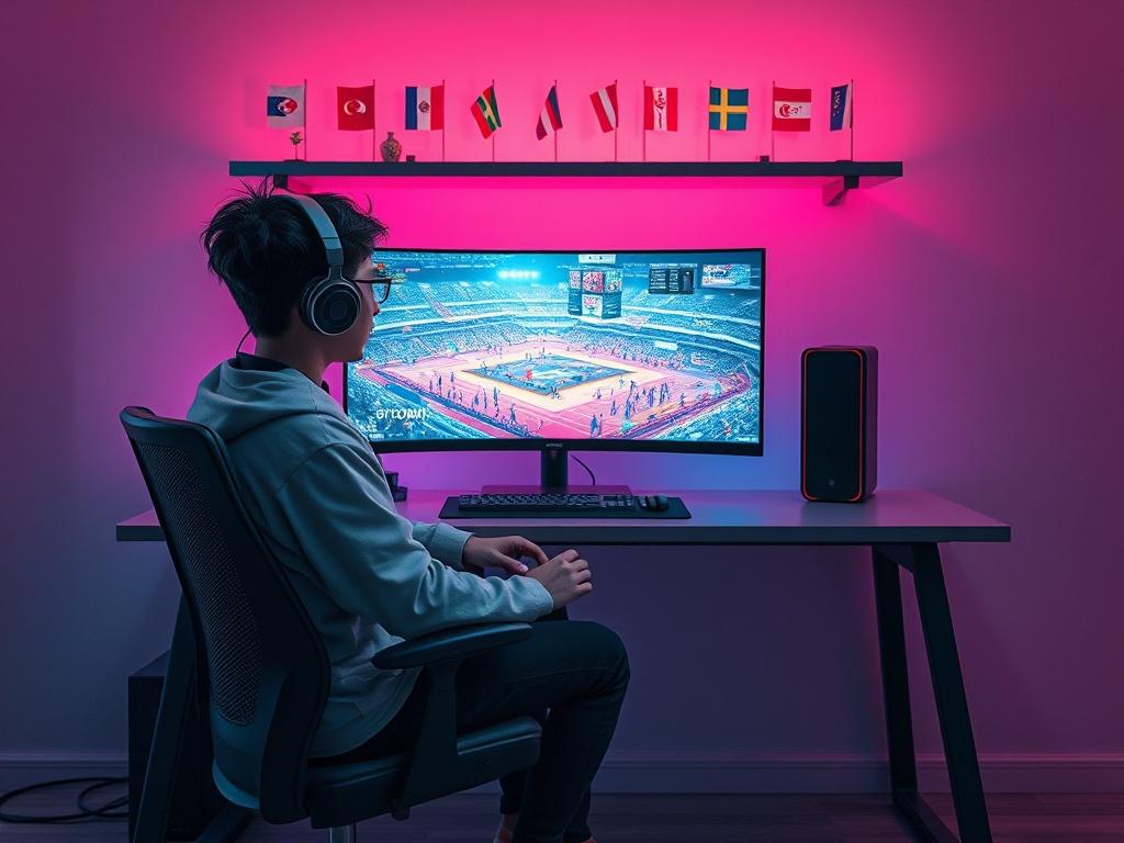 Create a realistic high-resolution photo that captures the essence of the blog titled "E스포츠와 세계 평화의 관계." The composition should feature a single subject: a passionate young gamer sitting at a sleek, modern gaming desk, deeply focused on a vibrant esports tournament displayed on a high-resolution screen in front of them. The gamer, a South Korean individual, should be wearing casual gaming attire and headphones, exuding an aura of enthusiasm and concentration.

The background should be minimalistic yet impac
