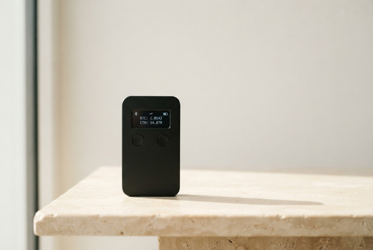 A compact hardware wallet device on a warm stone surface