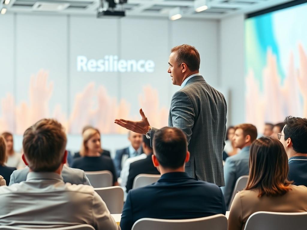 A motivational speaker addressing an audience about resilience, with engaging visuals in the background. The setting is a bright, modern conference room with attendees attentively listening. The speaker is animated and passionate, demonstrating a sense of empowerment. The image should be high-resolution and reflect a positive, energetic atmosphere, focusing on the interaction between the speaker and the audience.