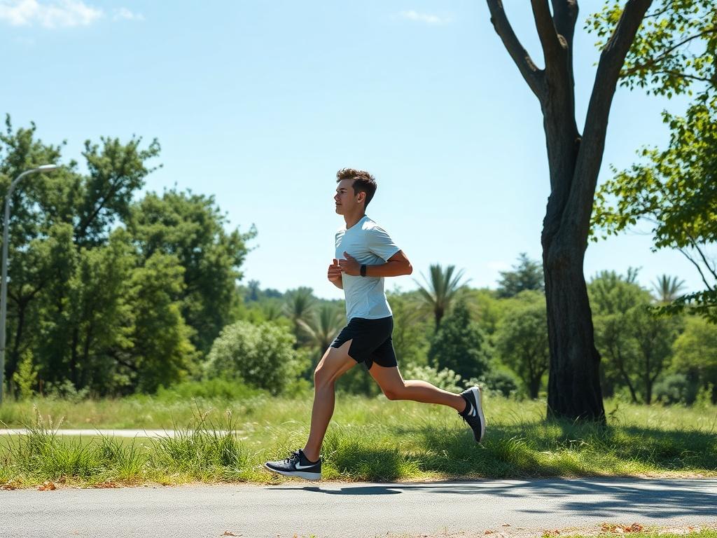 A serene scene depicting a runner practicing mindfulness techniques in a tranquil outdoor setting. The runner appears relaxed and focused, surrounded by nature. This high-resolution image captures the essence of stress management through physical activity, emphasizing calmness and clarity. The background features lush greenery and a clear blue sky, showcasing a peaceful environment.