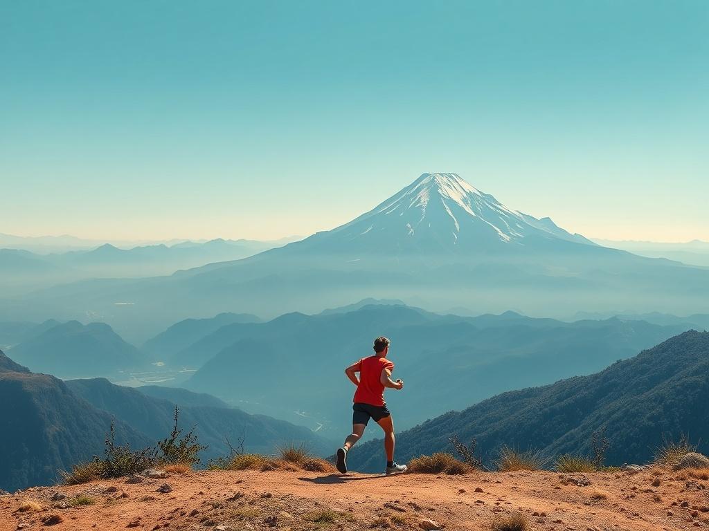 A motivational scene of a runner at a scenic viewpoint, looking at a distant mountain that represents their goals. The image captures the essence of aspiration and determination, with vibrant colors and a clear blue sky. The runner is in a dynamic pose, symbolizing ambition and forward movement, creating a sense of inspiration and achievement.