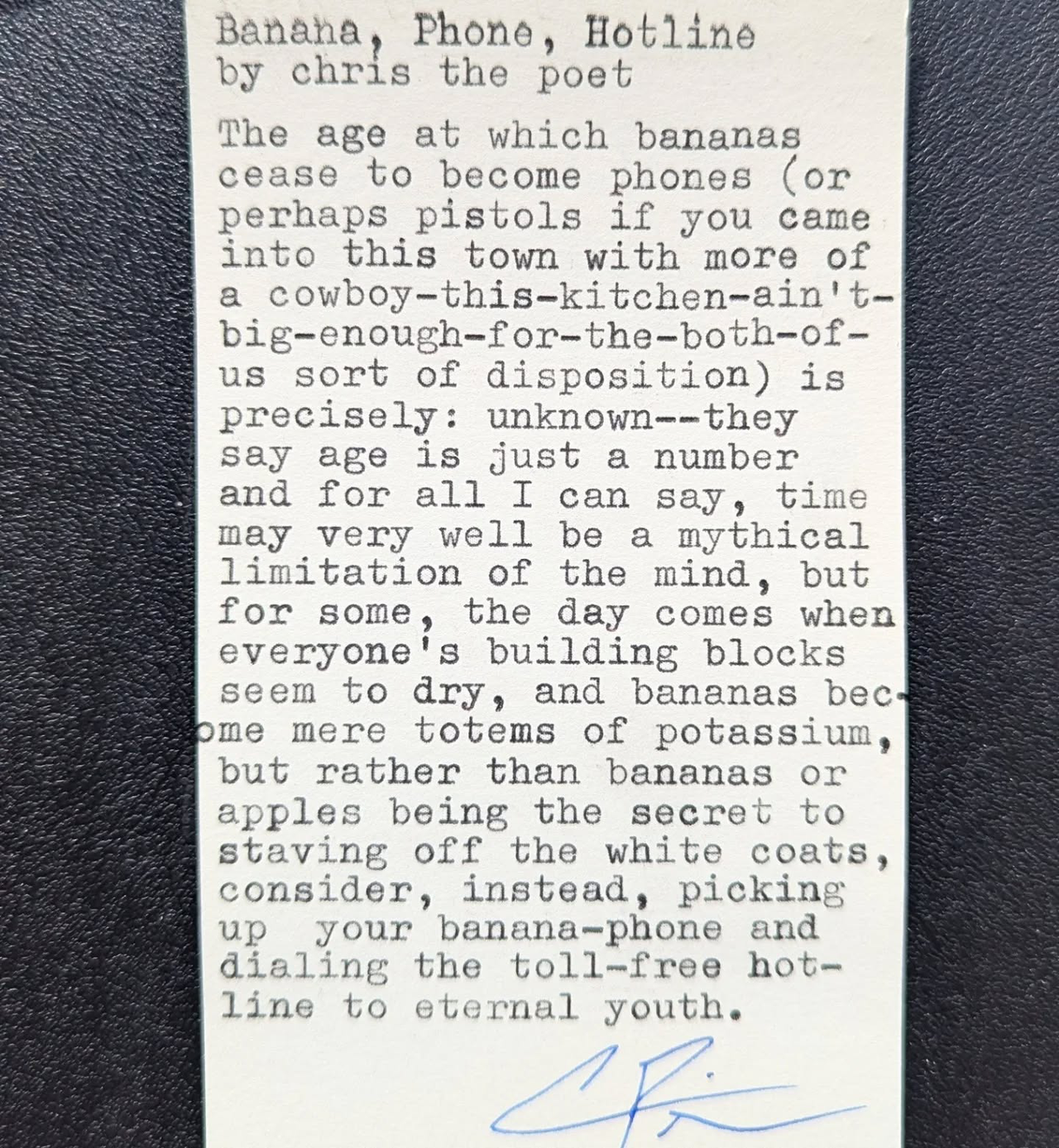 Original typewritten poem Banana, Phone, Hotline by Chris the Poet