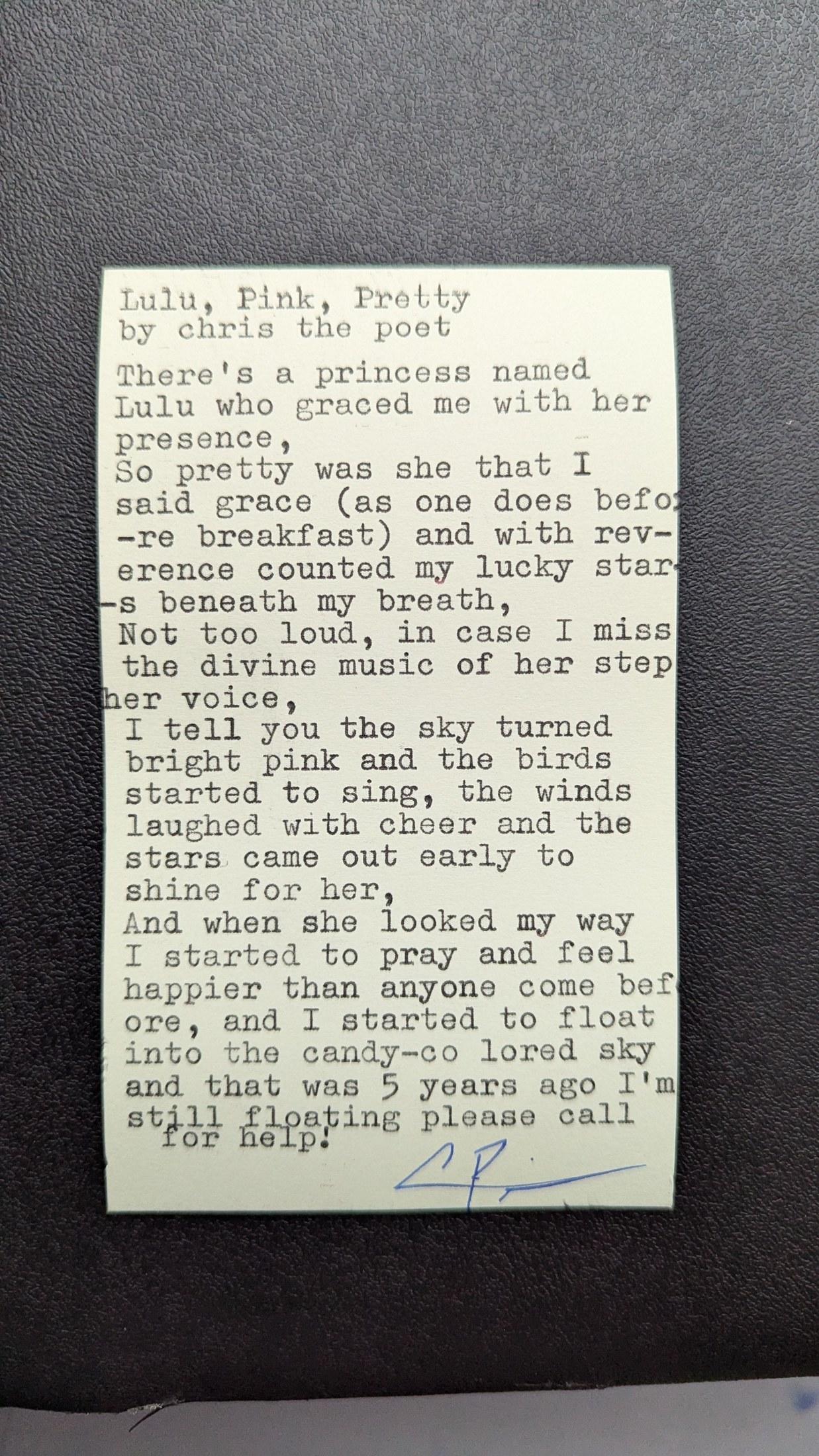 Original typewritten poem Lulu, Pink, Pretty by Chris the Poet