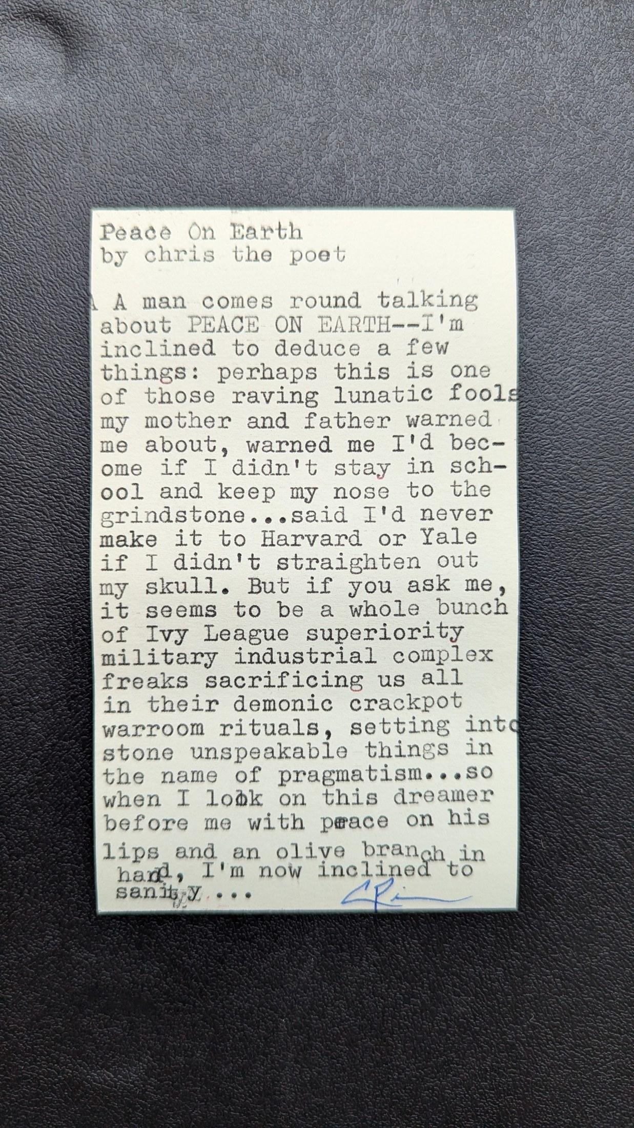 Original typewritten poem Peace On Earth by Chris the Poet