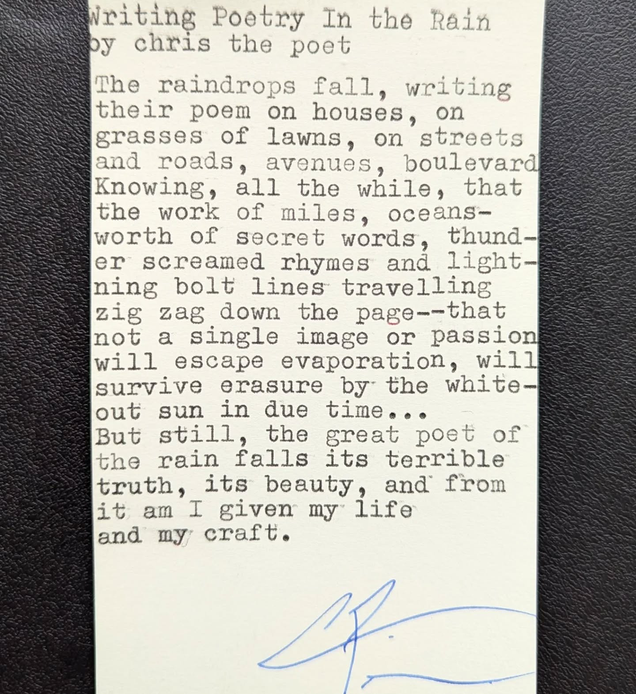 Original typewritten poem Writing Poetry In the Rain by Chris the Poet