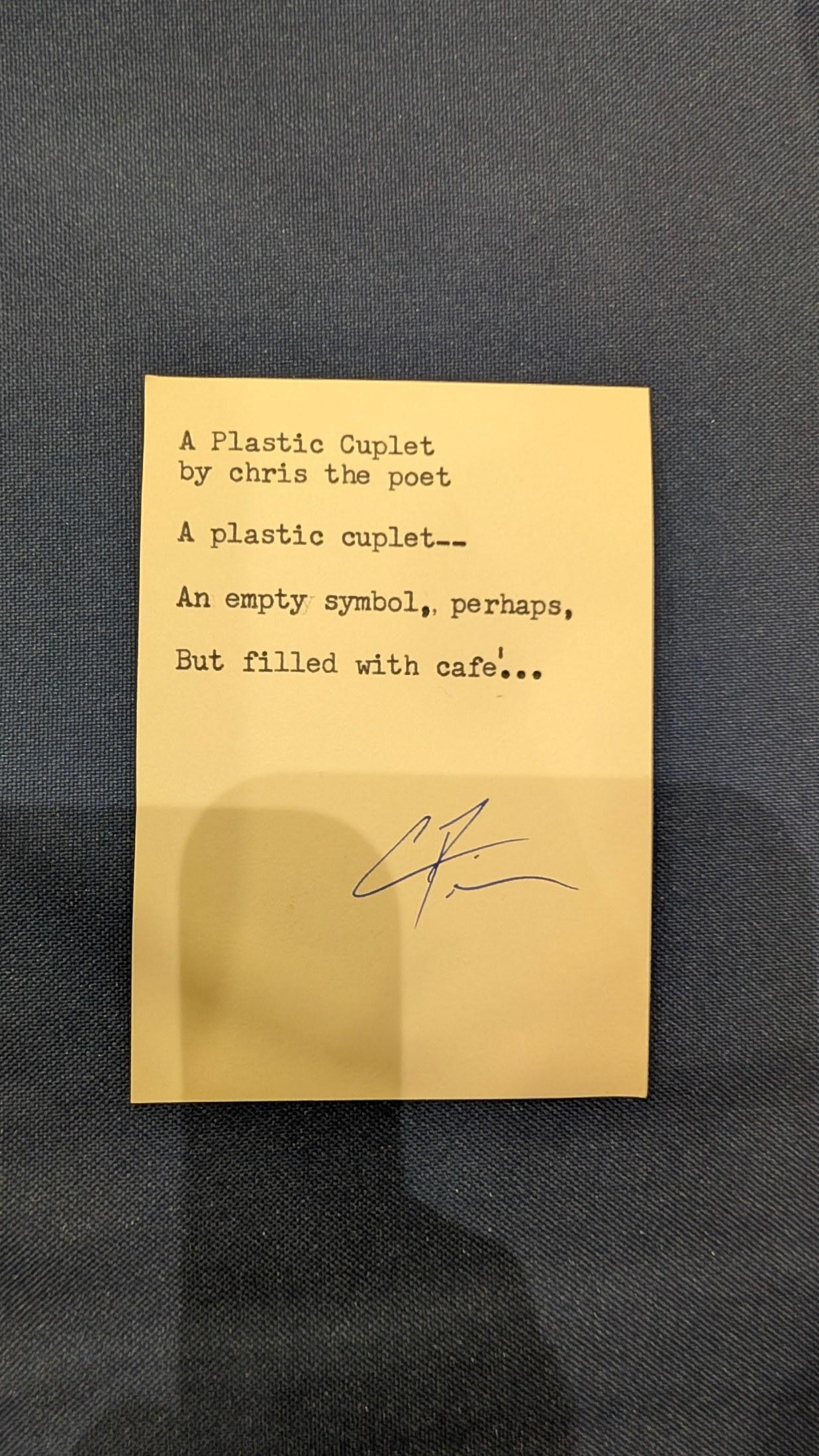 Original typewritten poem A Plastic Cuplet by Chris the Poet