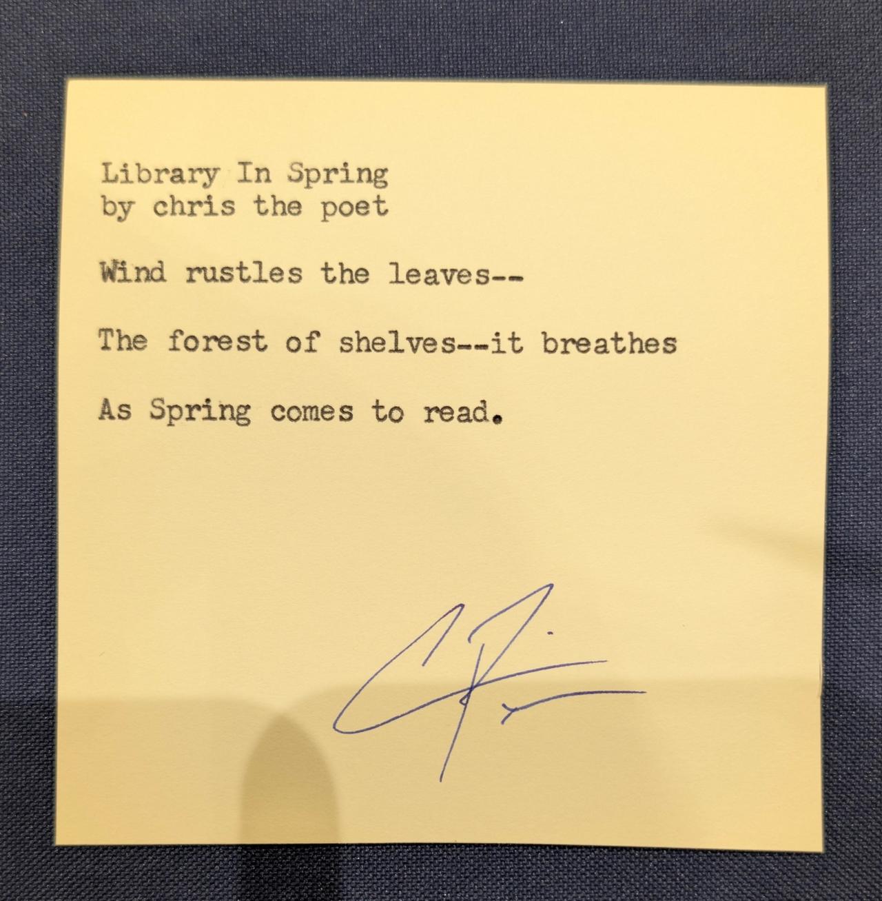 Original typewritten poem Library In Spring by Chris the Poet