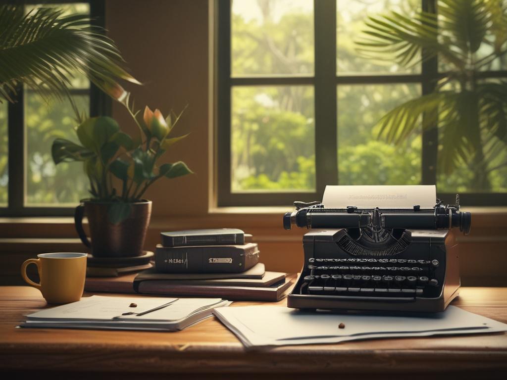 a typewriter on a vintage wooden table, papers scattered with poetry, a warm and inviting atmosphere, natural light streaming through a window, tropical plants in the background, vibrant Miami colors, ultra-sharp textures