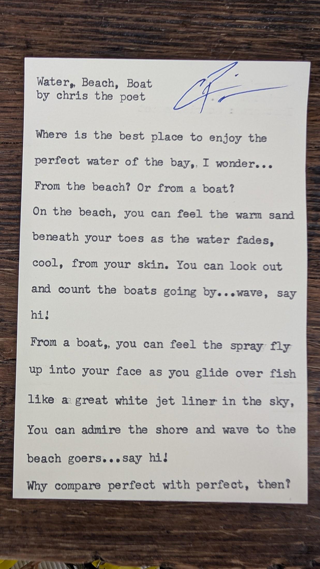 Original typewritten poem Water, Beach, Boat by Chris the Poet