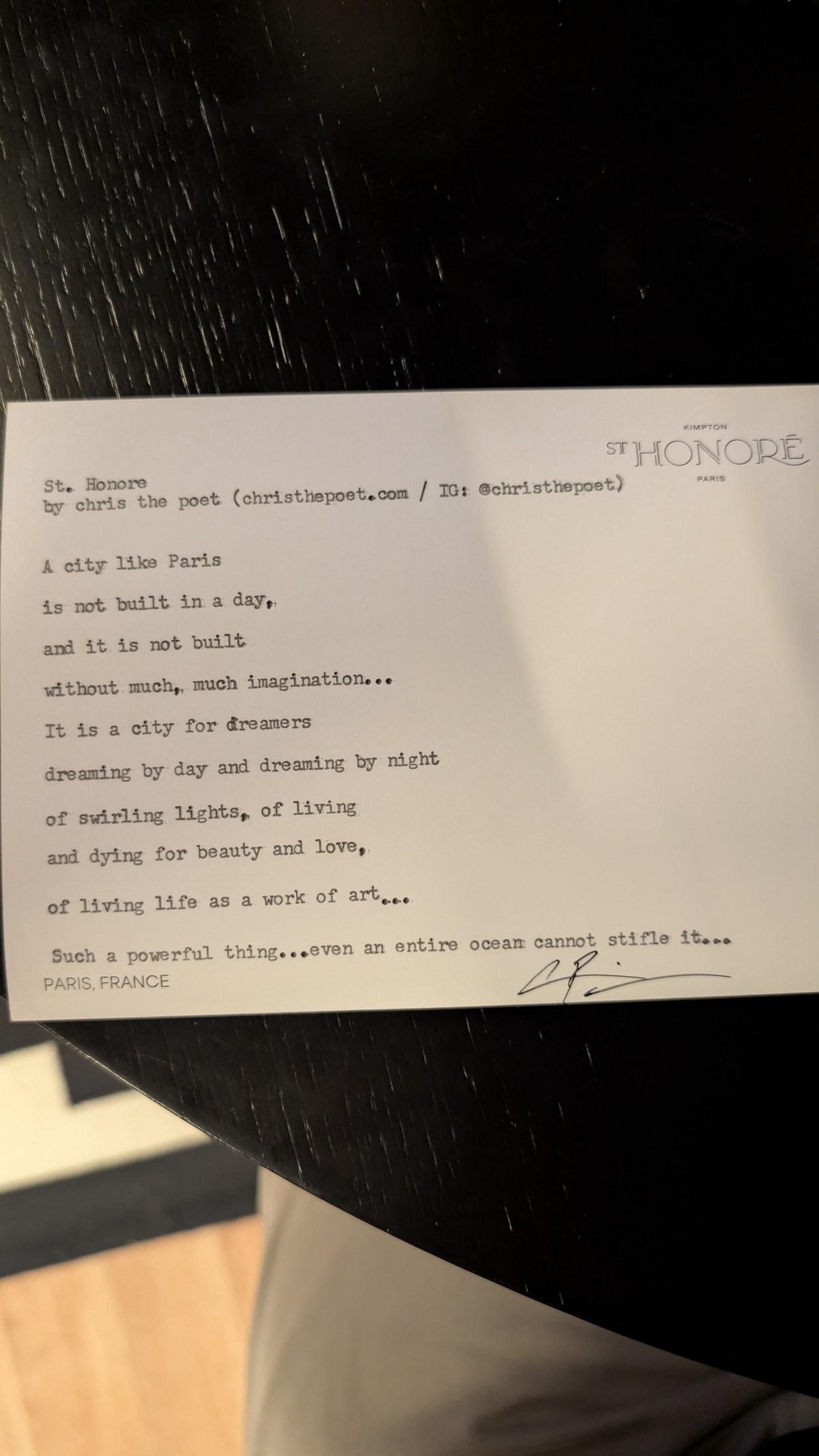 Original typewritten poem St. Honore by Chris the Poet