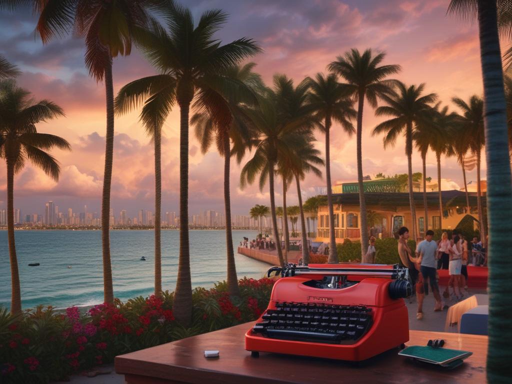 a vibrant poetry event scene with people engaged, colorful decorations reflecting Miami's culture, a typewriter on stage, ambient lighting creating a warm atmosphere, a backdrop of palm trees and cityscape, capturing the essence of community and creativity, ultra-detailed textures