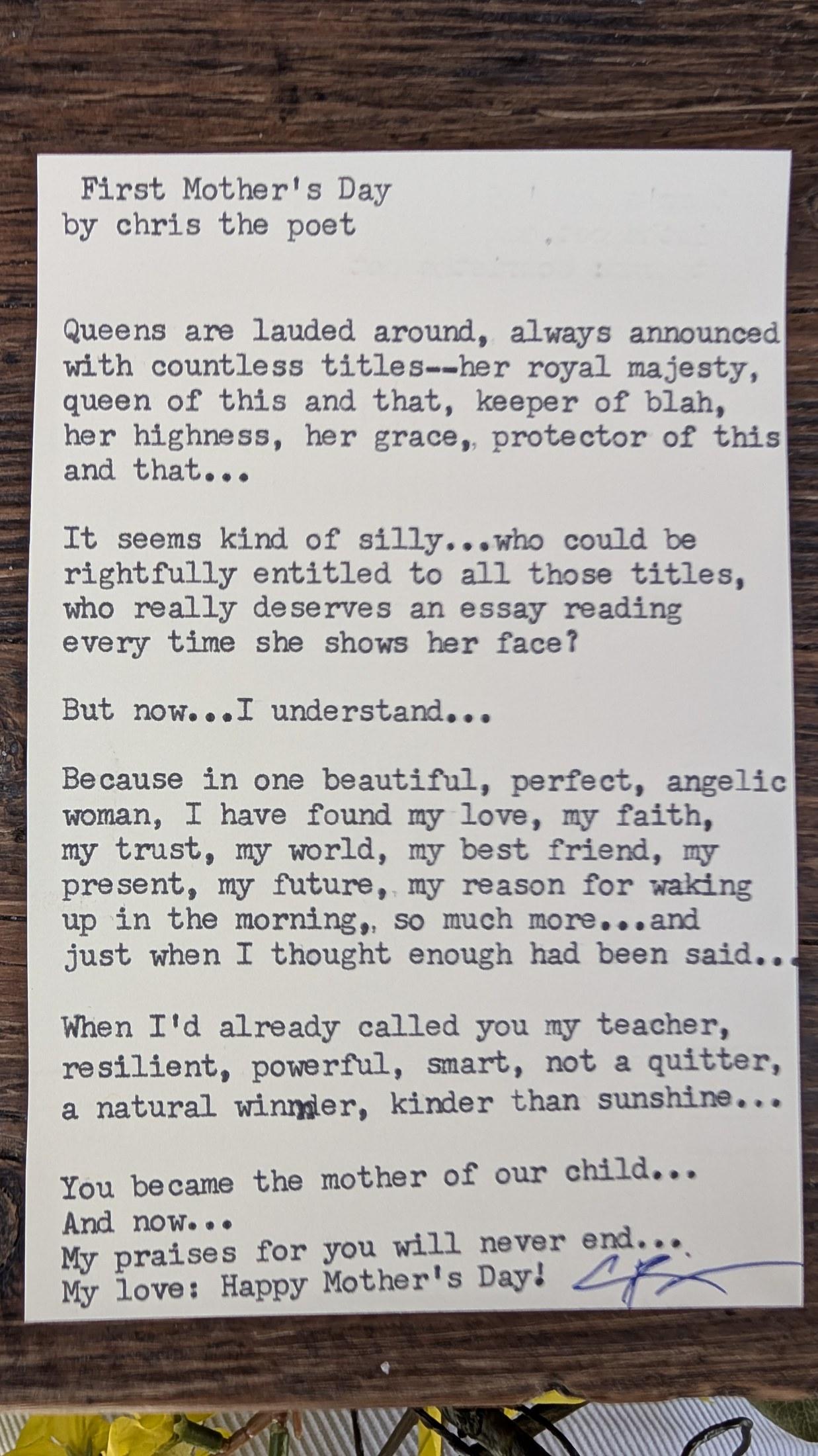 Original typewritten poem First Mother's Day by Chris the Poet