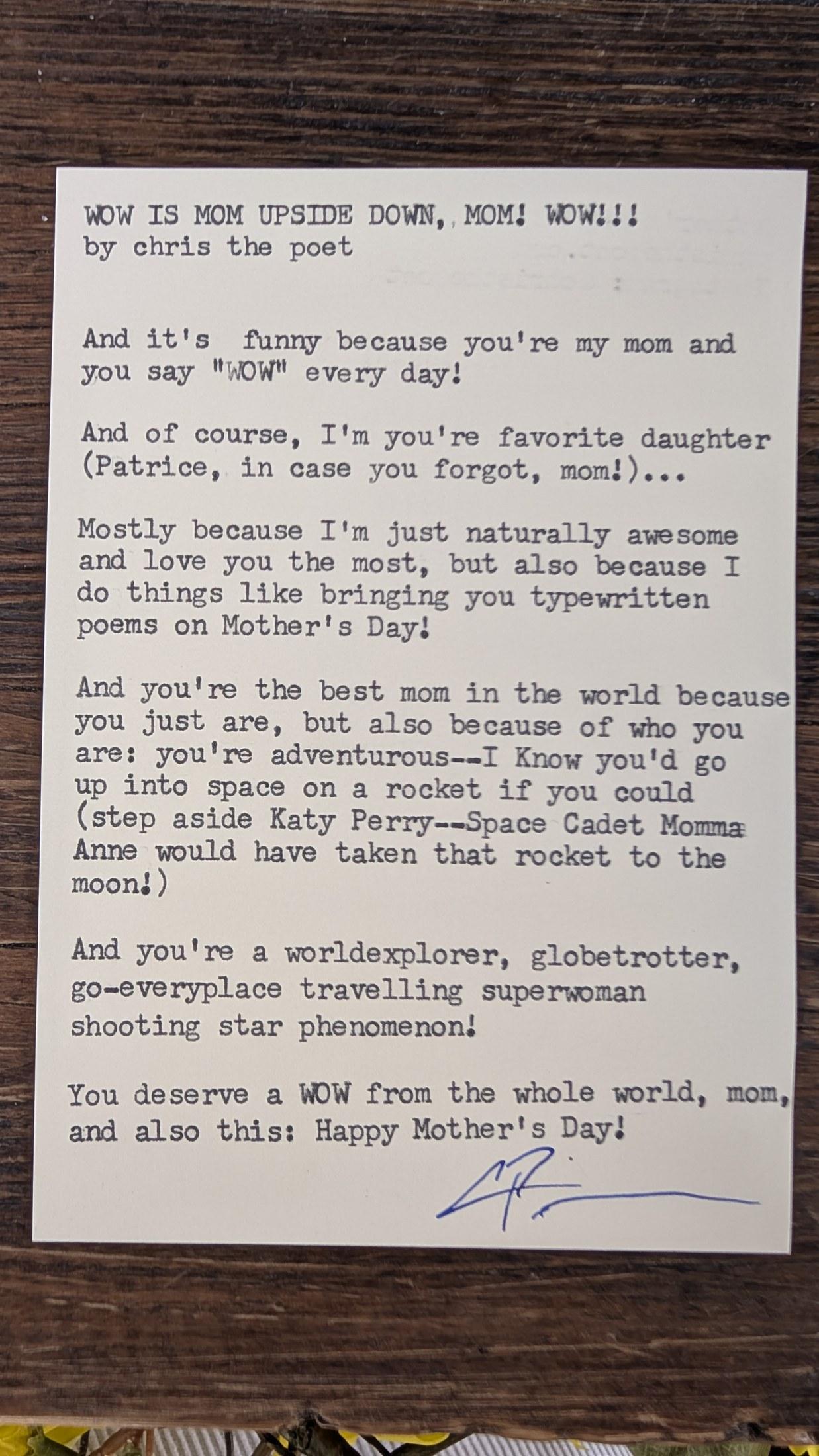 Original typewritten poem WOW IS MOM UPSIDE DOWN, MOM! WOW!!! by Chris the Poet
