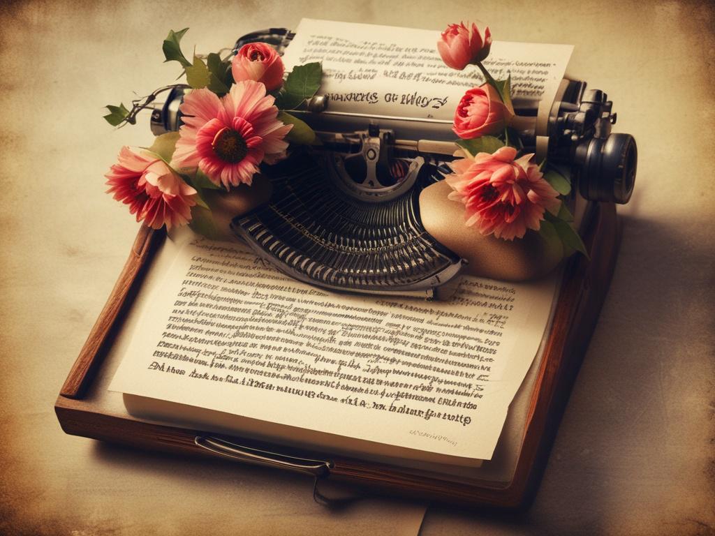 a close-up of typewritten poetry on aged paper, surrounded by fresh flowers, a cozy writing nook with warm lighting, artistic decor, showcasing a connection between nature and creativity, soft shadows and highlights, vibrant Miami color palette