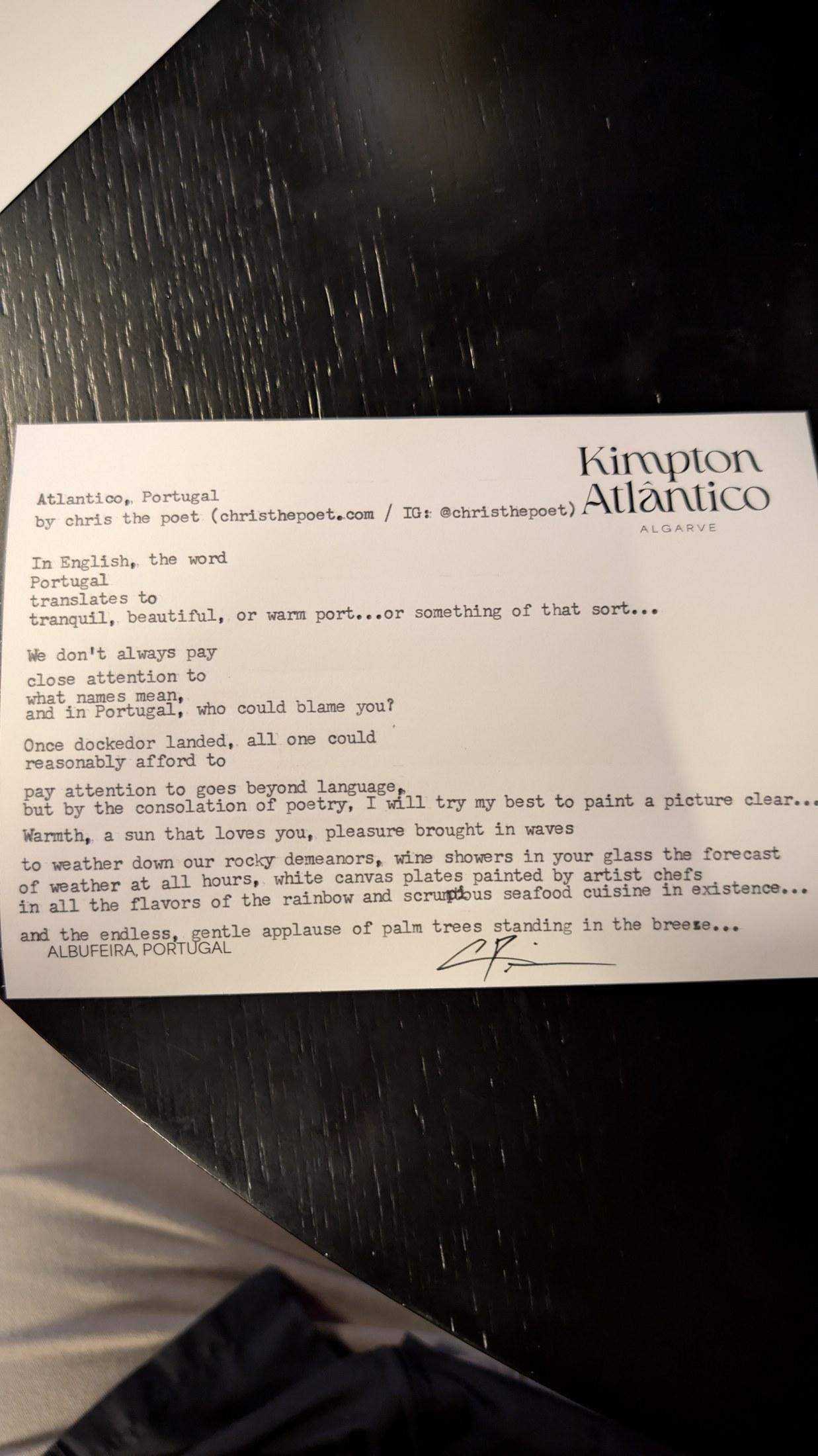 Original typewritten poem Atlantico, Portugal by Chris the Poet