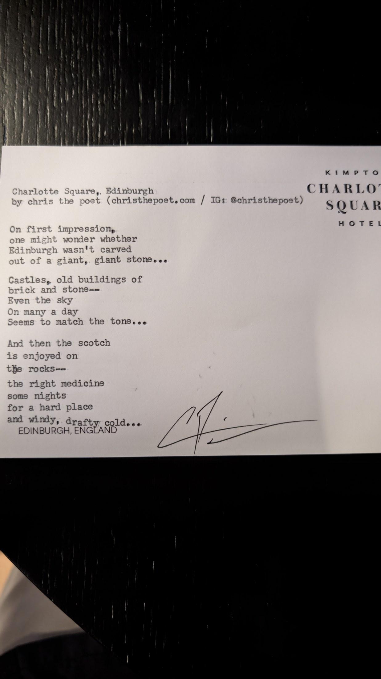 Original typewritten poem Charlotte Square, Edinburgh by Chris the Poet