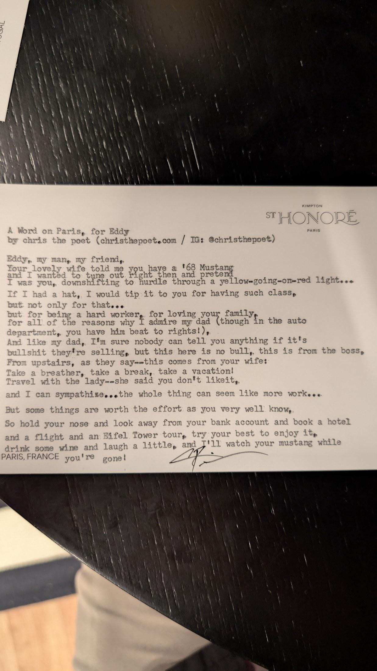 Original typewritten poem A Meal on Paris, for Ruby by Chris the Poet