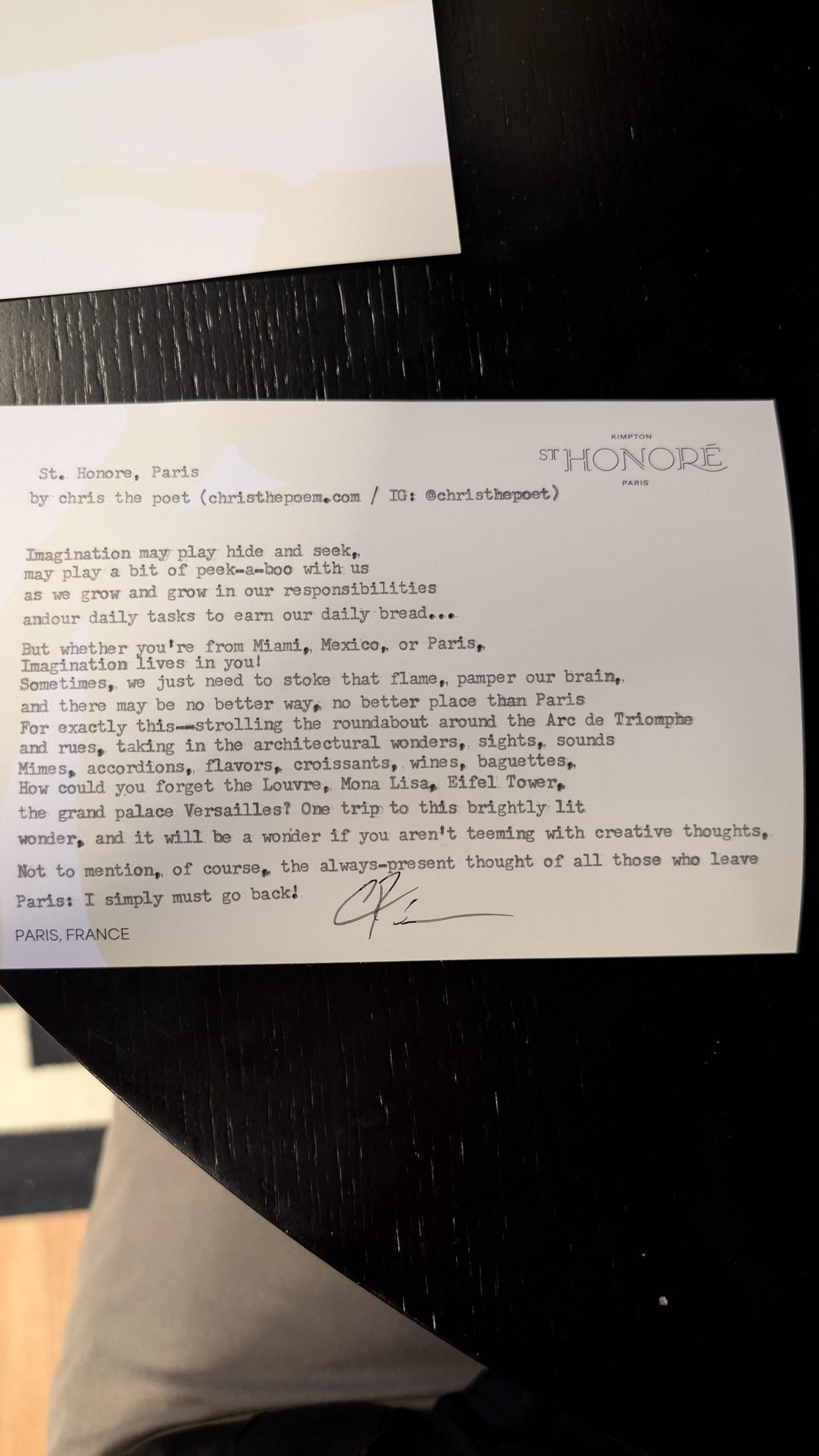 Original typewritten poem St. Honore, Paris by Chris the Poet