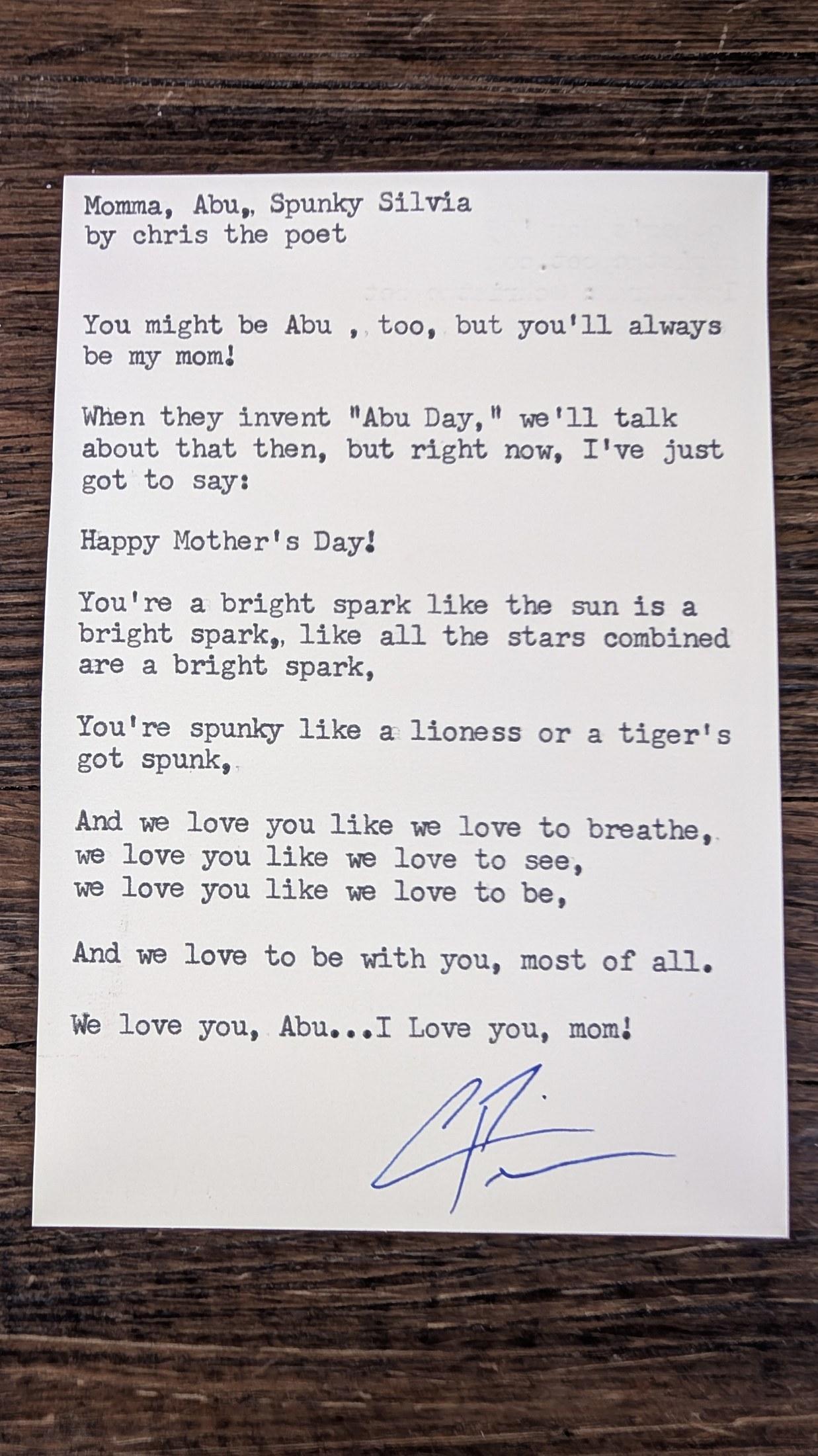 Original typewritten poem Momma, Abu, Spunky Silvia by Chris the Poet