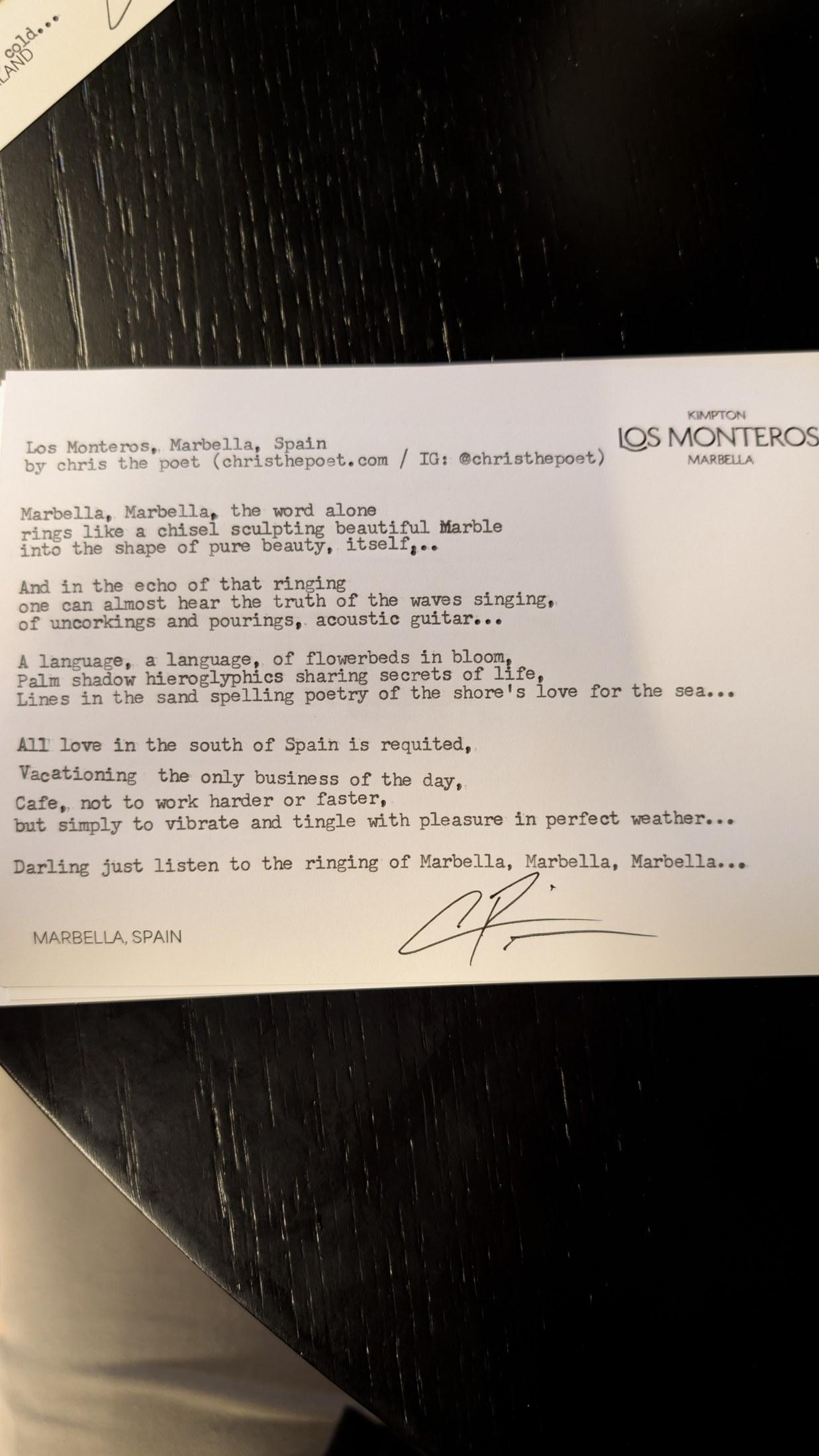 Original typewritten poem Los Monteros, Marbella, Spain by Chris the Poet