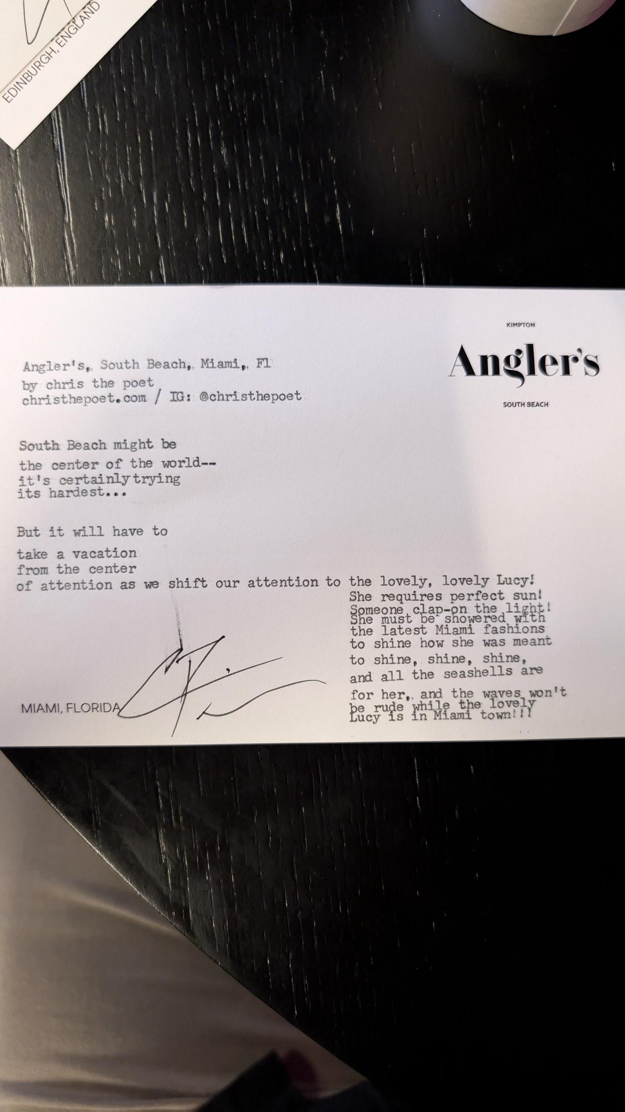 Original typewritten poem Angler's, South Beach, Miami, FL by Chris the Poet