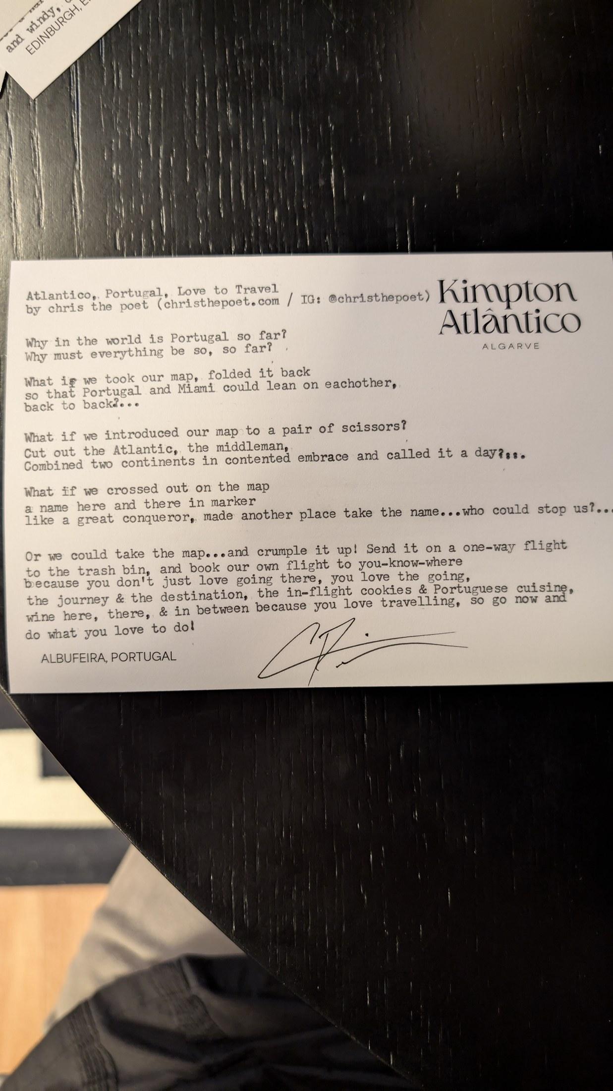 Original typewritten poem Atlantico, Portugal, Love to Travel by Chris the Poet