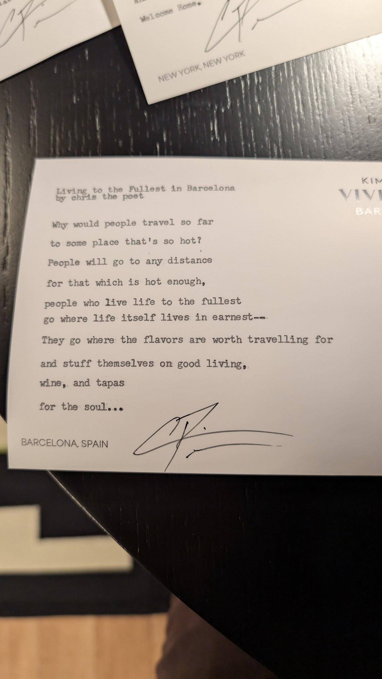 Original typewritten poem Calling to the Palate in Barcelona by Chris the Poet