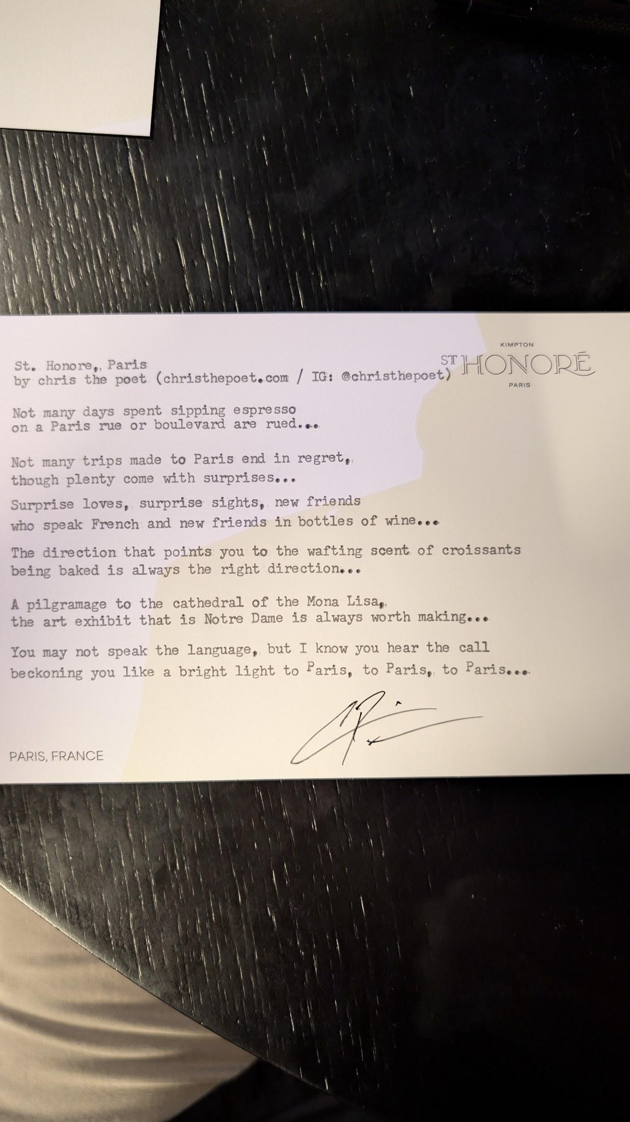 Original typewritten poem St. Honore, Paris by Chris the Poet