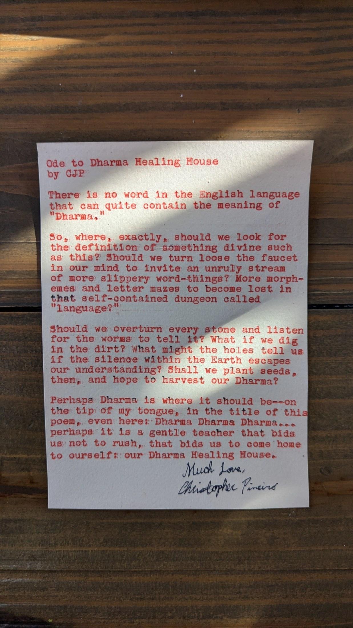 Original typewritten poem Ode to Dhara: Healing House by Chris the Poet