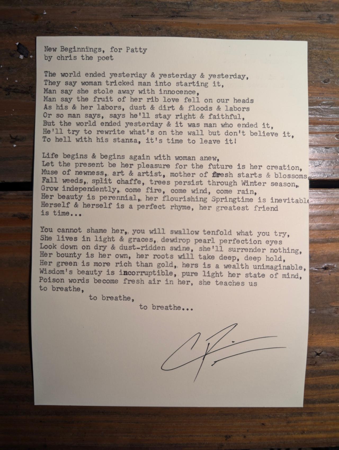 Original typewritten poem New Beginnings, for Patty by Chris the Poet