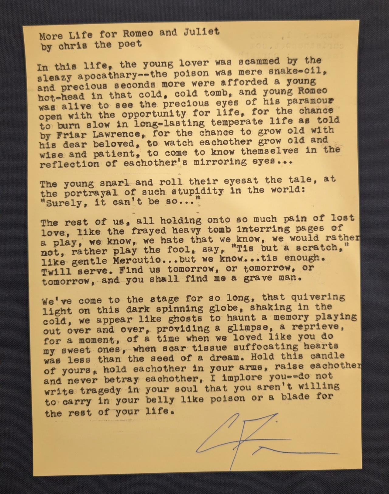 Original typewritten poem More Life for Romeo and Juliet by Chris the Poet