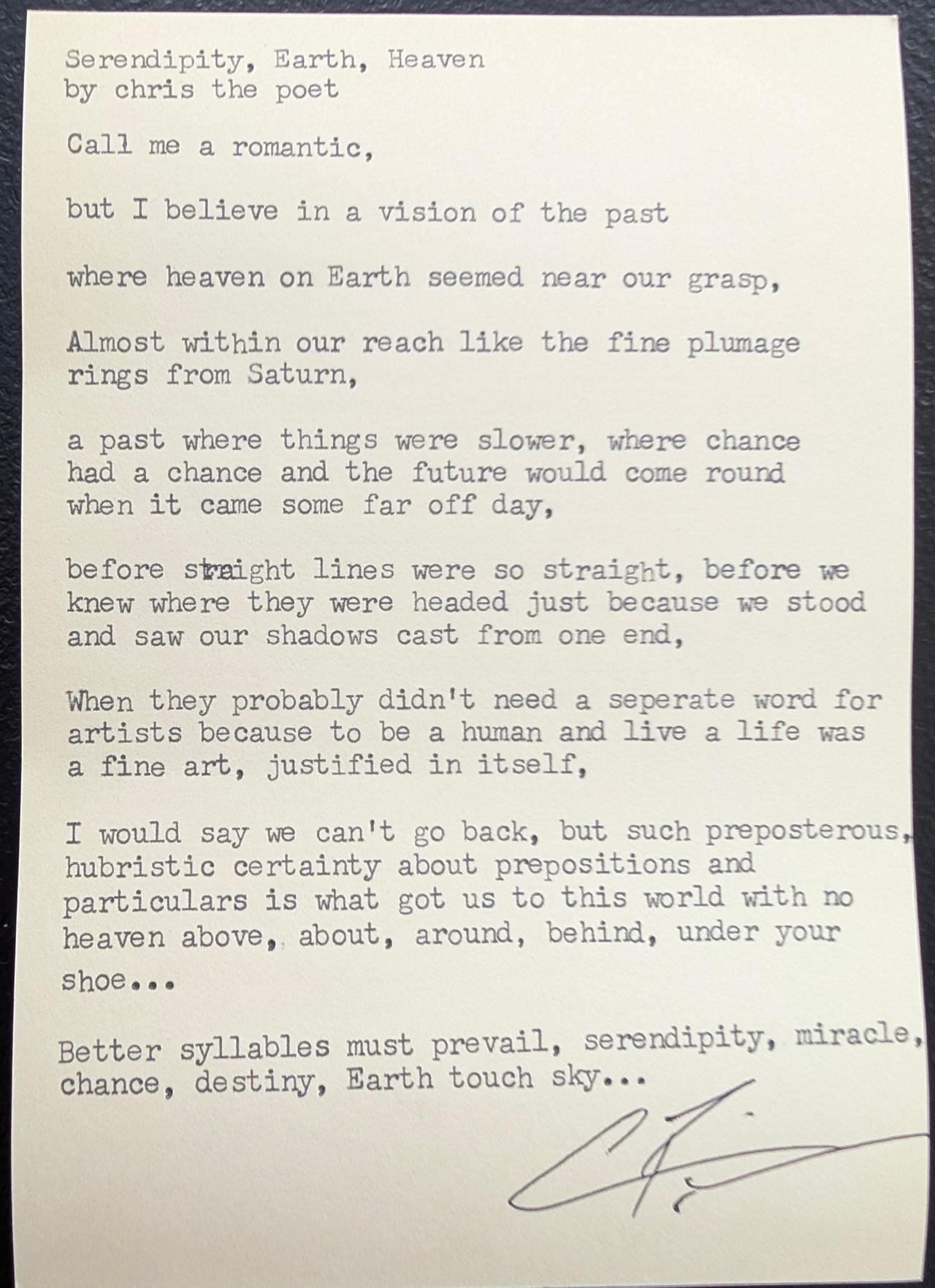 Original typewritten poem Serendipity, Earth, Heaven by Chris the Poet