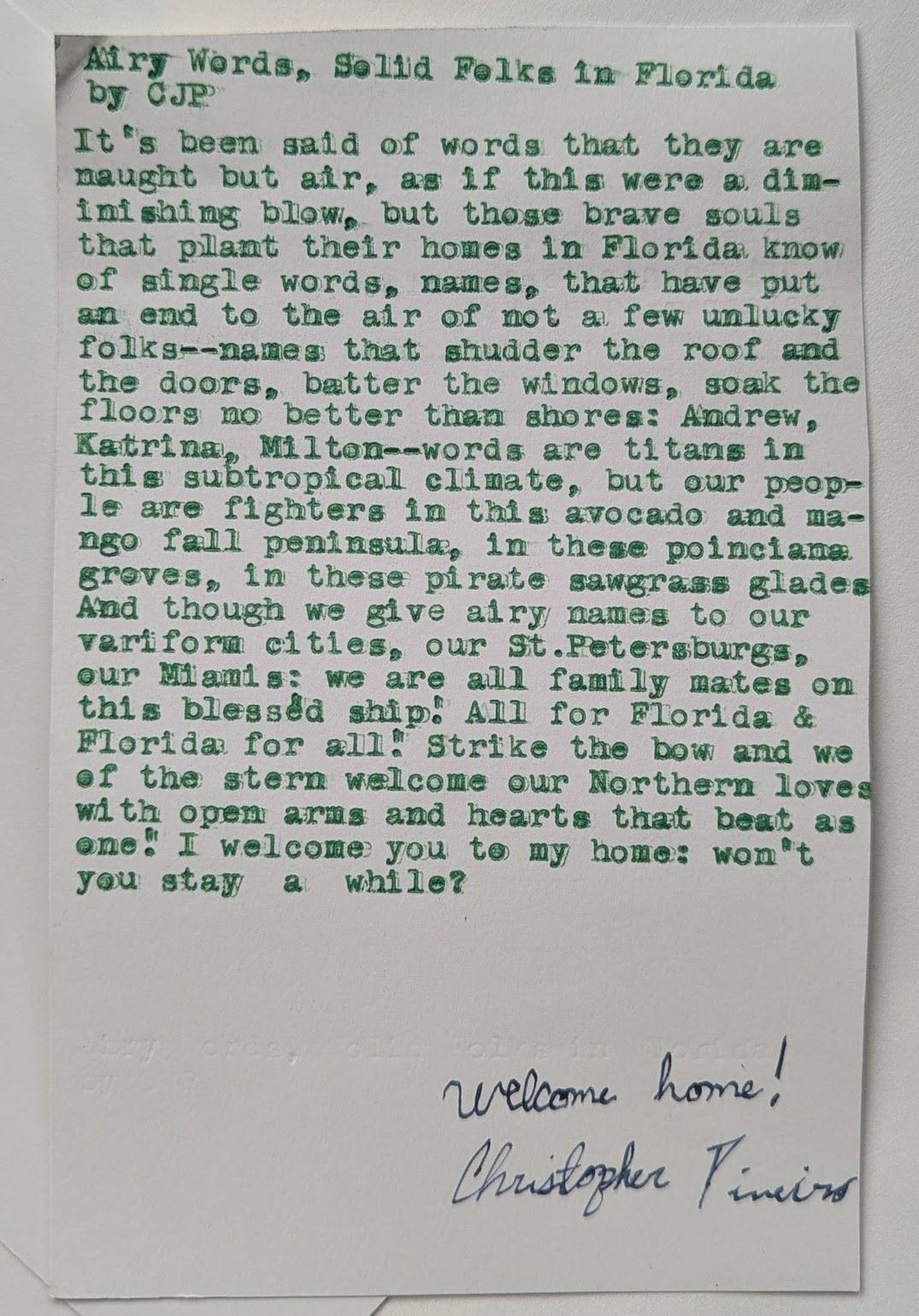 Original typewritten poem Airy Words, Solid Folks in Florida by Chris the Poet