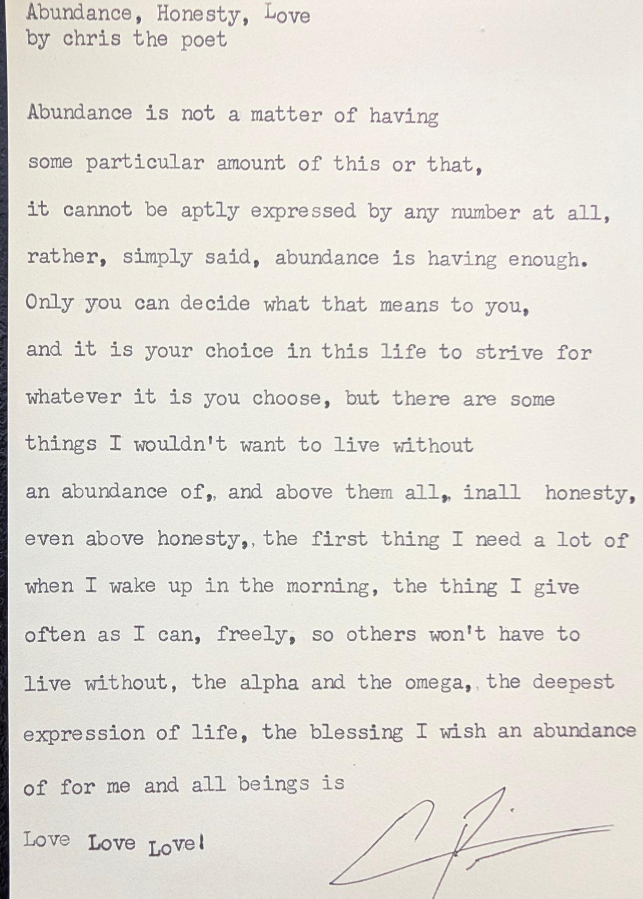 Original typewritten poem Abundance, Honesty, Love by Chris the Poet