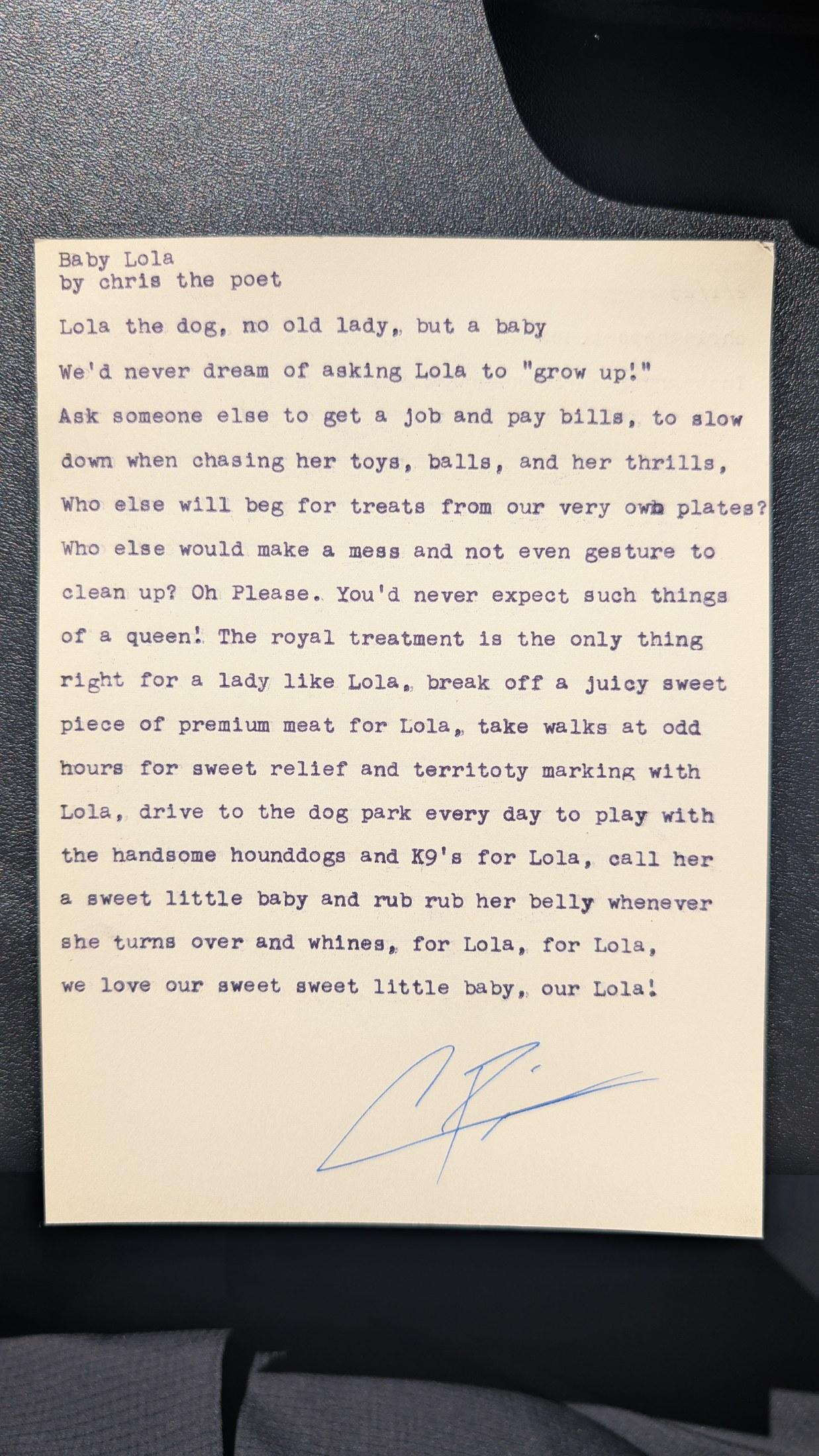 Original typewritten poem Baby Lola by Chris the Poet