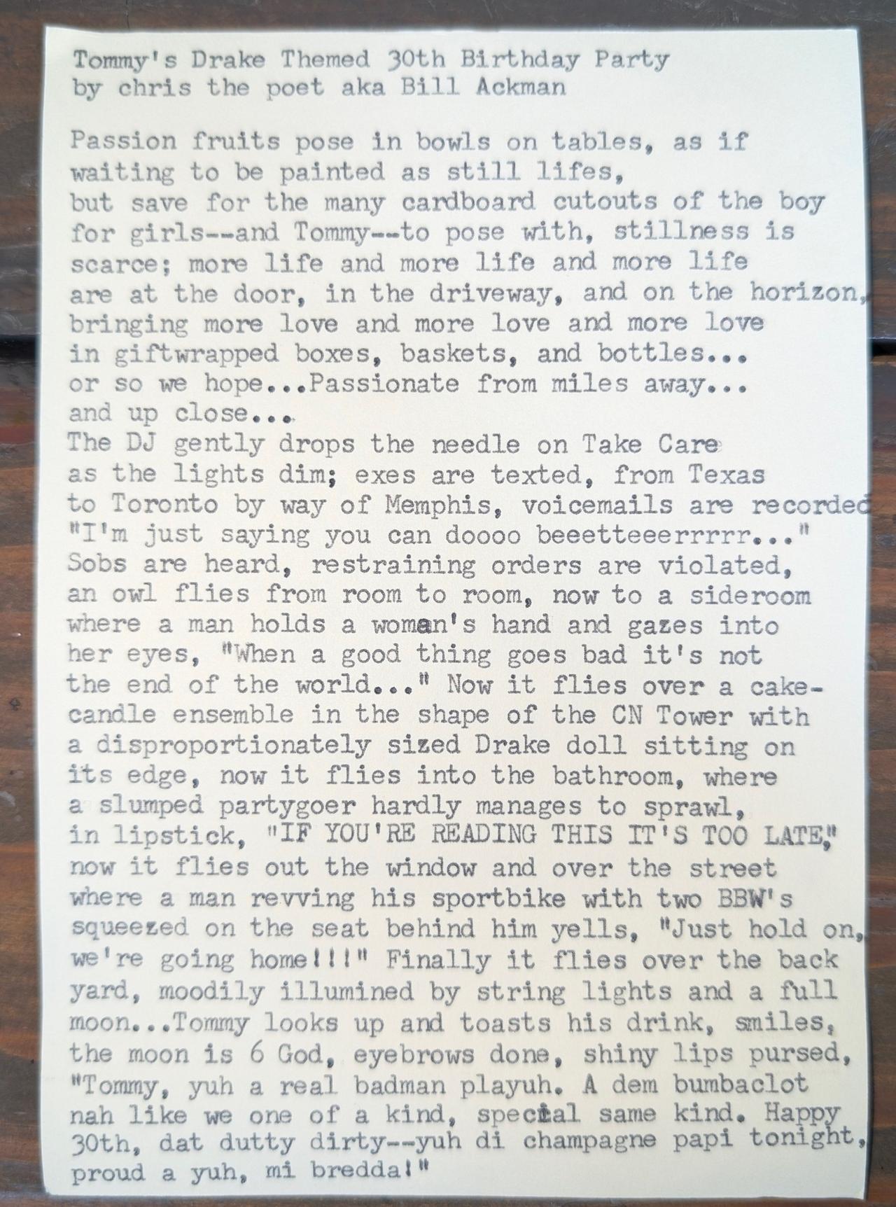 Original typewritten poem Tommy's Drake Themed 30th Birthday Party by Chris the Poet