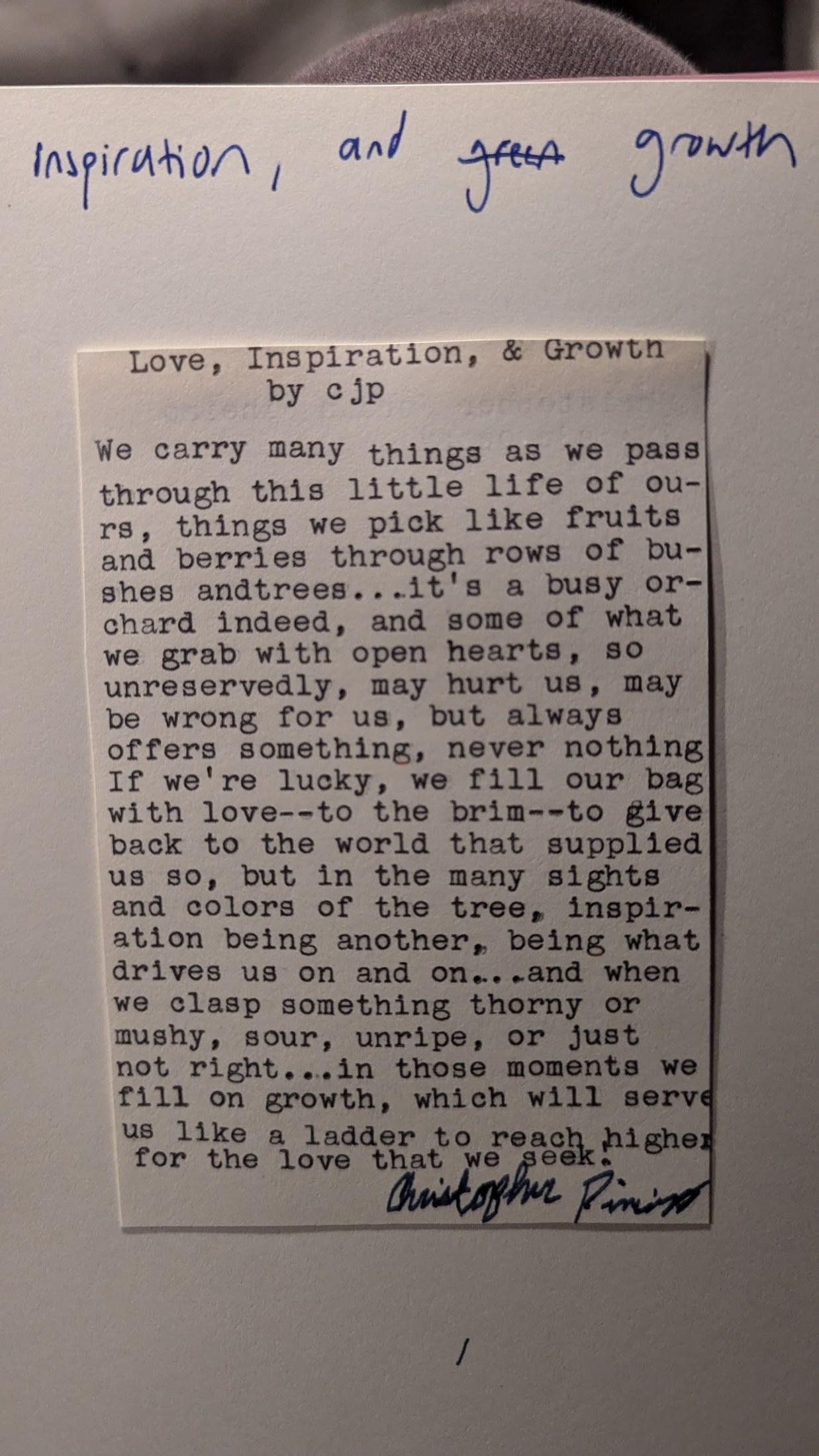Original typewritten poem Love, Inspiration, & Growth by Chris the Poet